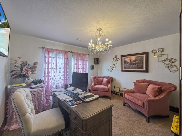 38 Merion Pl, Amarillo, TX 79124 - home office featuring a chandelier, light carpet, and a textured ceiling