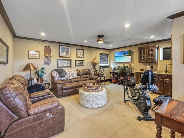 38 Merion Pl, Amarillo, TX 79124 - living area featuring ornamental molding, light carpet, a ceiling fan, recessed lighting, and a textured ceiling