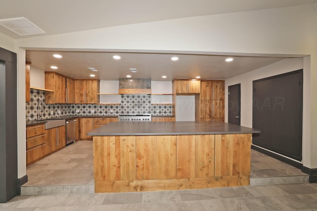 3801 Deann Dr, Amarillo, TX 79121 - kitchen featuring stainless steel dishwasher, dark countertops, open shelves, tasteful backsplash, and recessed lighting