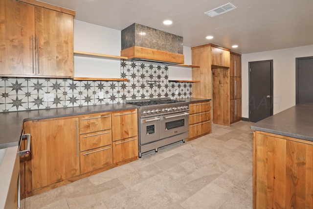 3801 Deann Dr, Amarillo, TX 79121 - kitchen with double oven range, dark countertops, tasteful backsplash, recessed lighting, and open shelves