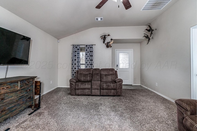 606 Elgin St, Amarillo, TX 79118 - living area featuring ceiling fan, carpet, lofted ceiling, and baseboards
