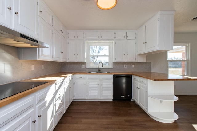 kitchen with a sink, white cabinetry, wooden counters, dark wood-style floors, and black appliances