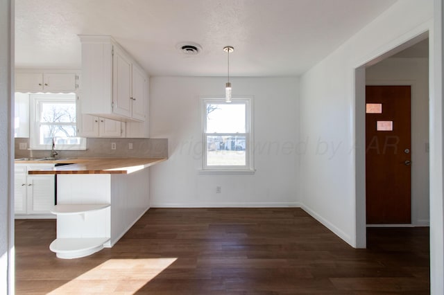 kitchen with dark wood-style floors, visible vents, and a healthy amount of sunlight