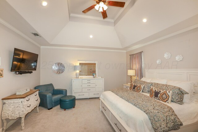 7404 Southbend Dr, Amarillo, TX 79119 - bedroom with a raised ceiling, crown molding, light carpet, a ceiling fan, and recessed lighting