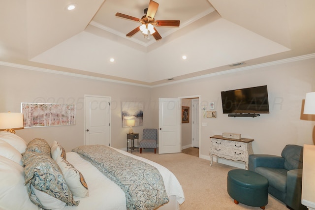 7404 Southbend Dr, Amarillo, TX 79119 - bedroom with a raised ceiling, crown molding, carpet floors, recessed lighting, and a ceiling fan