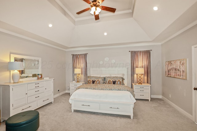 7404 Southbend Dr, Amarillo, TX 79119 - bedroom with a raised ceiling, light carpet, recessed lighting, a ceiling fan, and ornamental molding