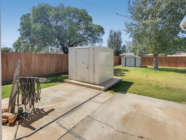 view of patio / terrace with a shed