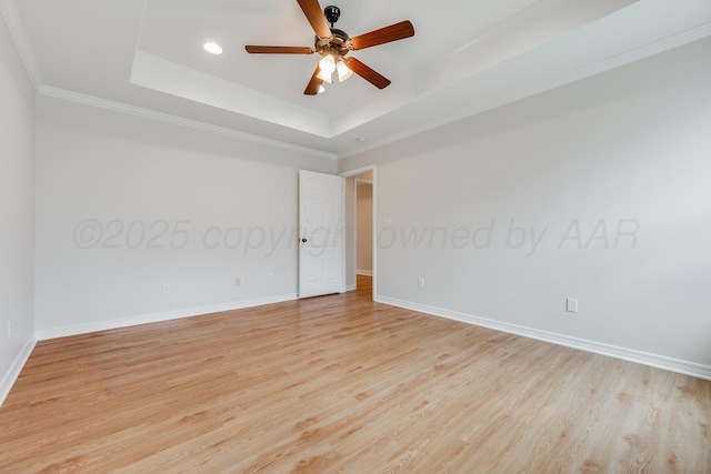 6100 Mckay Ct, Amarillo, TX 79118 - spare room with a tray ceiling, light wood-type flooring, ceiling fan, ornamental molding, and recessed lighting