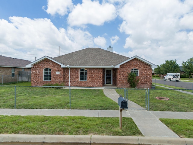 6100 Mckay Ct, Amarillo, TX 79118 - single story home with brick siding, a gate, a shingled roof, and a chimney