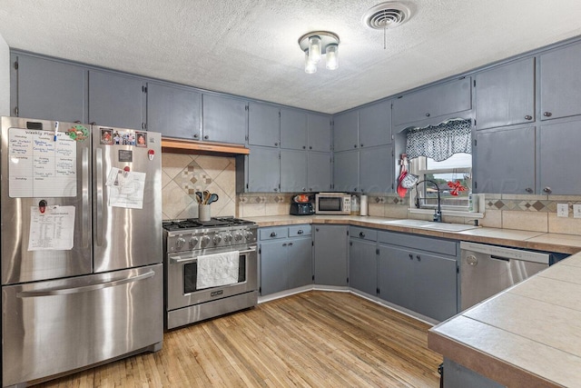 kitchen with under cabinet range hood, tasteful backsplash, a sink, light wood finished floors, and appliances with stainless steel finishes