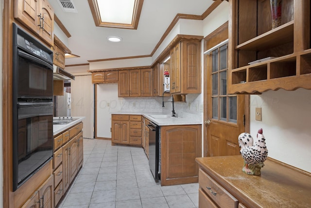 kitchen with tasteful backsplash, ornamental molding, light tile patterned floors, sink, and dishwasher