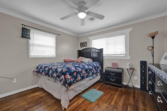 bedroom featuring wood finished floors, baseboards, ornamental molding, and ceiling fan