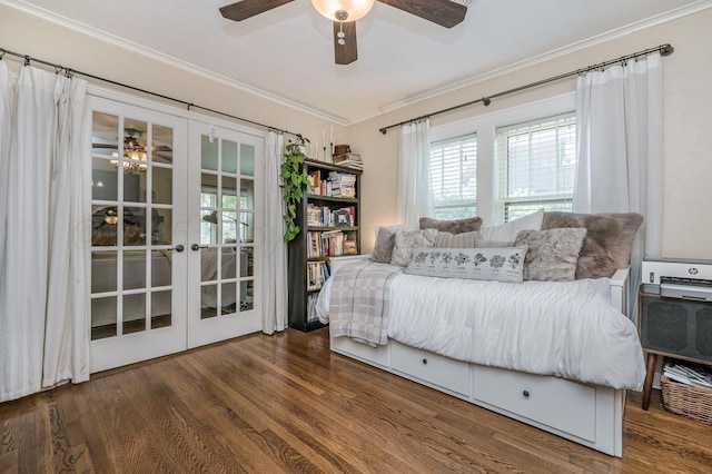 501 Sunset Ter, Amarillo, TX 79106 - bedroom with french doors, ornamental molding, wood finished floors, and a ceiling fan