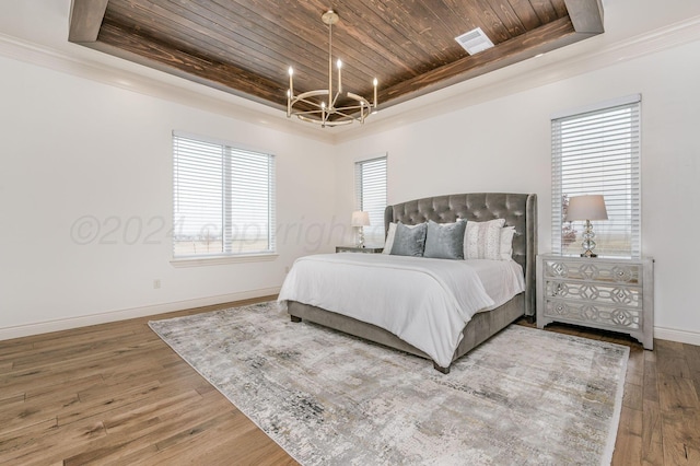 bedroom featuring a raised ceiling, wooden ceiling, a chandelier, and wood-type flooring