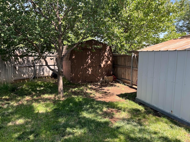 view of yard featuring a storage unit