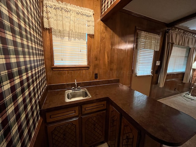 kitchen featuring wood walls, kitchen peninsula, sink, and dark brown cabinets