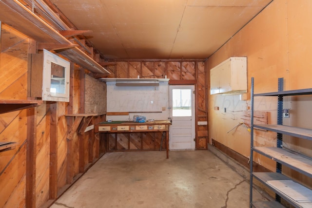 basement with a workshop area and wood walls