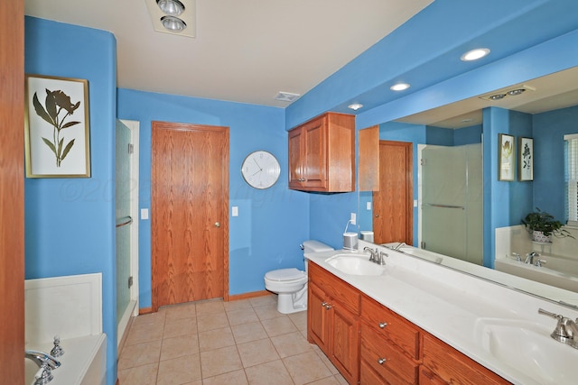 1206 Olive St, Stratford, TX 79084 - bathroom featuring a shower stall, a bath, double vanity, and tile patterned flooring