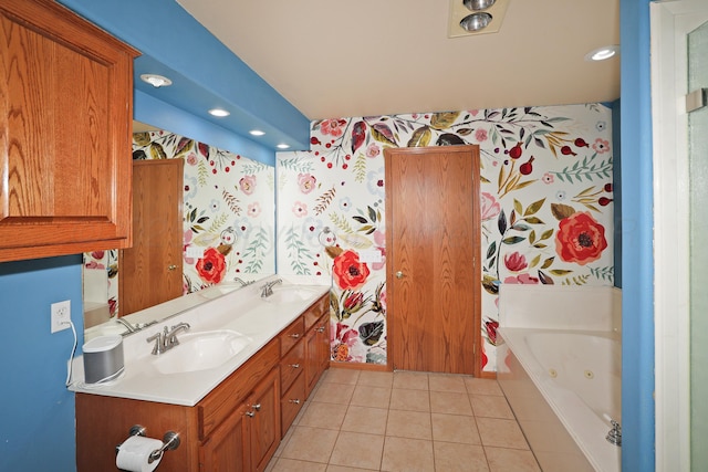 1206 Olive St, Stratford, TX 79084 - bathroom with tile patterned floors, double vanity, a jetted tub, wallpapered walls, and recessed lighting