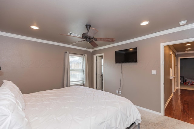 2101 Bowie St, Amarillo, TX 79109 - bedroom featuring crown molding, recessed lighting, and ceiling fan