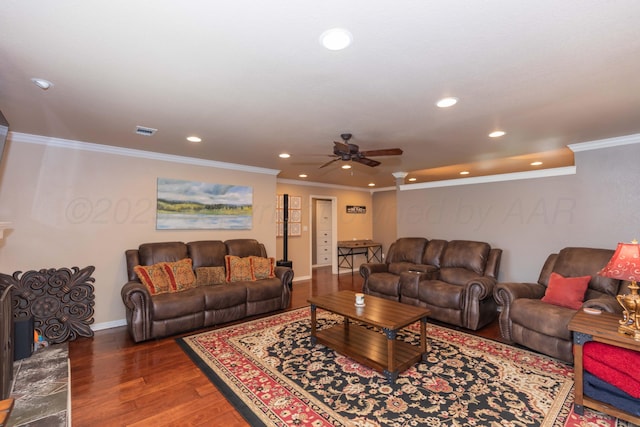 2101 Bowie St, Amarillo, TX 79109 - living area featuring a ceiling fan, recessed lighting, wood finished floors, and crown molding