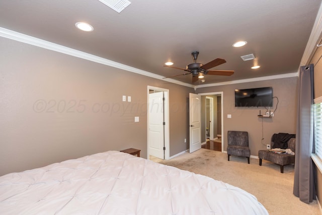 2101 Bowie St, Amarillo, TX 79109 - bedroom featuring crown molding, light colored carpet, recessed lighting, and a ceiling fan