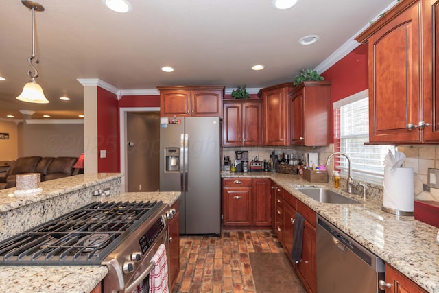 2101 Bowie St, Amarillo, TX 79109 - kitchen with stainless steel appliances, brick floors, ornamental molding, backsplash, and light stone counters