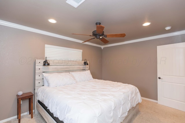 2101 Bowie St, Amarillo, TX 79109 - bedroom featuring light colored carpet, crown molding, recessed lighting, and ceiling fan