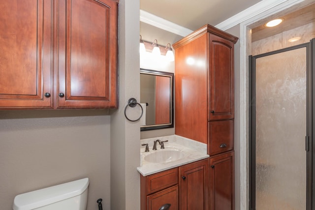 2101 Bowie St, Amarillo, TX 79109 - full bathroom with a stall shower, vanity, and crown molding