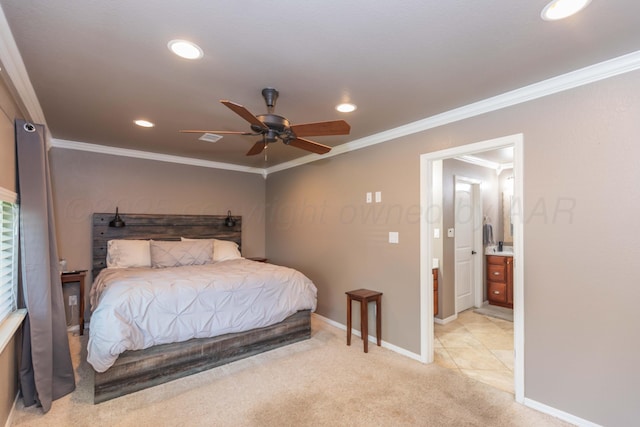 2101 Bowie St, Amarillo, TX 79109 - bedroom with light colored carpet, ornamental molding, recessed lighting, and a ceiling fan