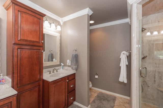 2101 Bowie St, Amarillo, TX 79109 - bathroom featuring ornamental molding, vanity, a stall shower, and tile patterned floors
