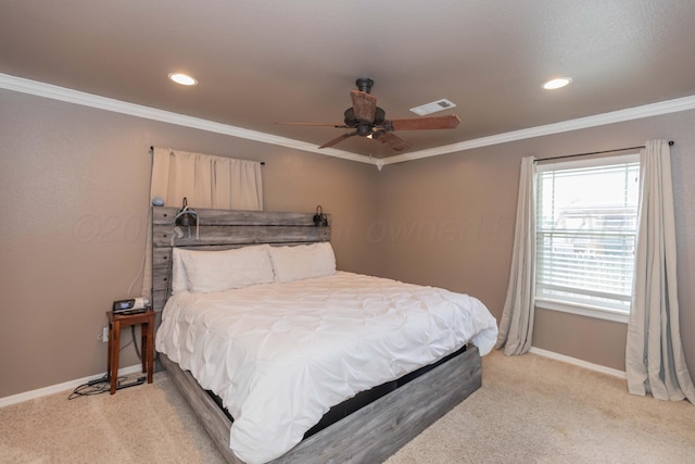 2101 Bowie St, Amarillo, TX 79109 - bedroom featuring light carpet, ornamental molding, recessed lighting, and ceiling fan