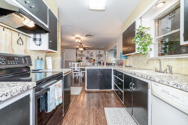 107 Elm St, Hereford, TX 79045 - kitchen featuring white dishwasher, electric stove, a sink, ceiling fan, and under cabinet range hood