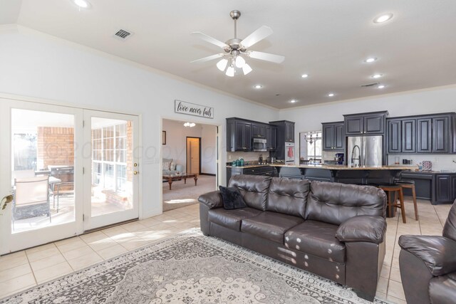 2408 Drake Elm Pl, Amarillo, TX 79124 - living area featuring light tile patterned flooring, ornamental molding, ceiling fan, and recessed lighting