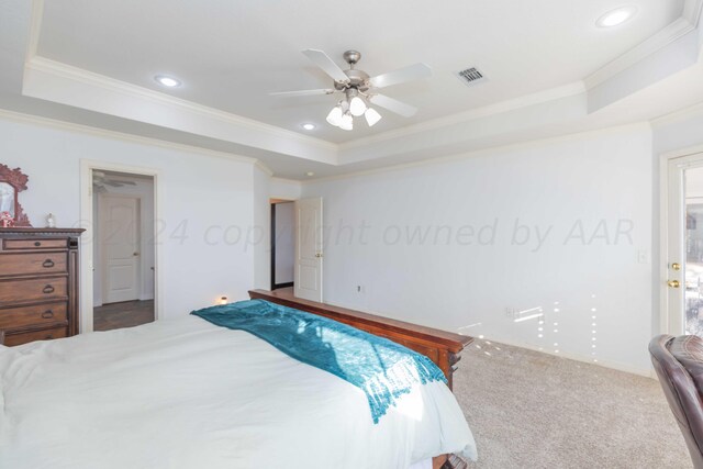 2408 Drake Elm Pl, Amarillo, TX 79124 - carpeted bedroom featuring a tray ceiling, ornamental molding, recessed lighting, and ceiling fan