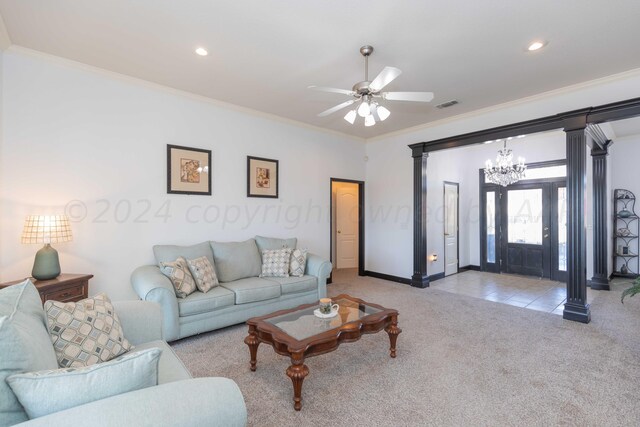 2408 Drake Elm Pl, Amarillo, TX 79124 - living room featuring light colored carpet, crown molding, a chandelier, a ceiling fan, and recessed lighting
