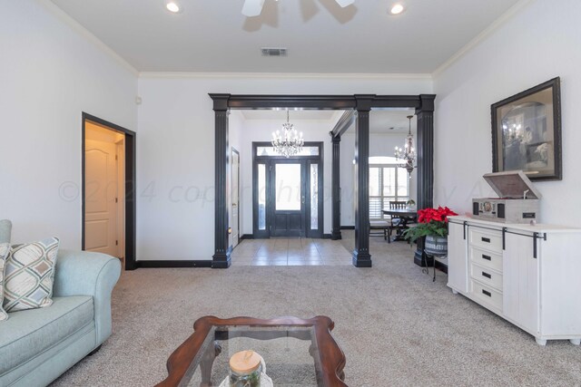 2408 Drake Elm Pl, Amarillo, TX 79124 - foyer featuring a chandelier, light colored carpet, crown molding, a ceiling fan, and recessed lighting