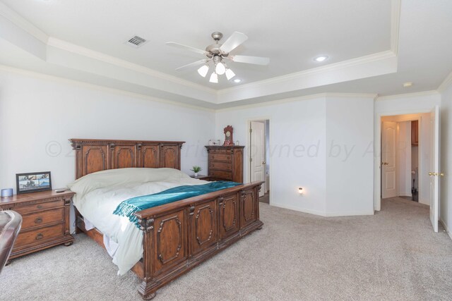 2408 Drake Elm Pl, Amarillo, TX 79124 - bedroom with a tray ceiling, ornamental molding, light colored carpet, ceiling fan, and recessed lighting