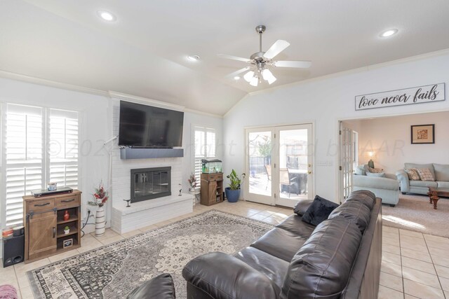 2408 Drake Elm Pl, Amarillo, TX 79124 - living room with tile patterned flooring, ceiling fan, crown molding, lofted ceiling, and recessed lighting