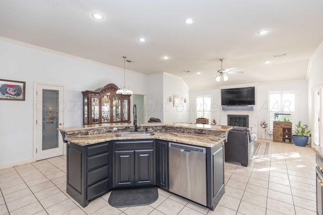 2408 Drake Elm Pl, Amarillo, TX 79124 - kitchen featuring dishwasher, crown molding, a ceiling fan, a fireplace, and light tile patterned floors