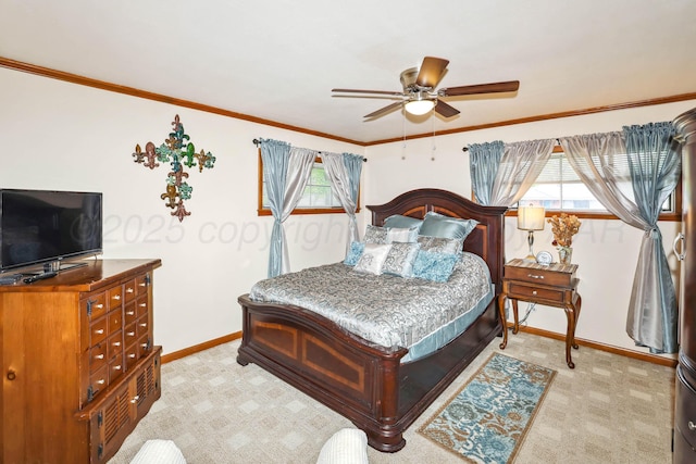 bedroom with a ceiling fan, baseboards, light colored carpet, and ornamental molding