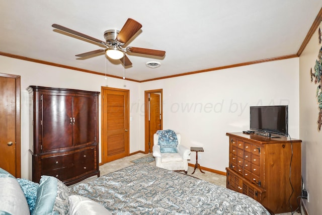 carpeted bedroom featuring visible vents, crown molding, baseboards, and ceiling fan