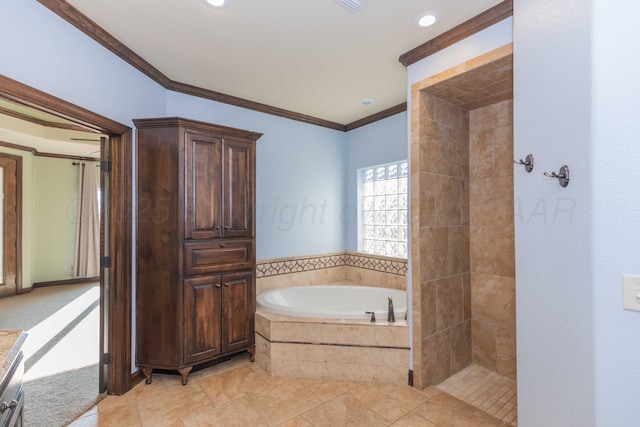 bathroom with tile patterned flooring, vanity, independent shower and bath, and ornamental molding