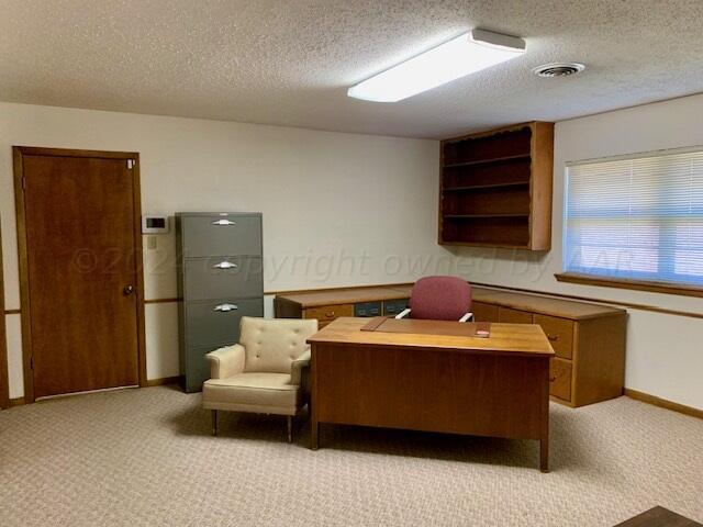 home office featuring light carpet and a textured ceiling