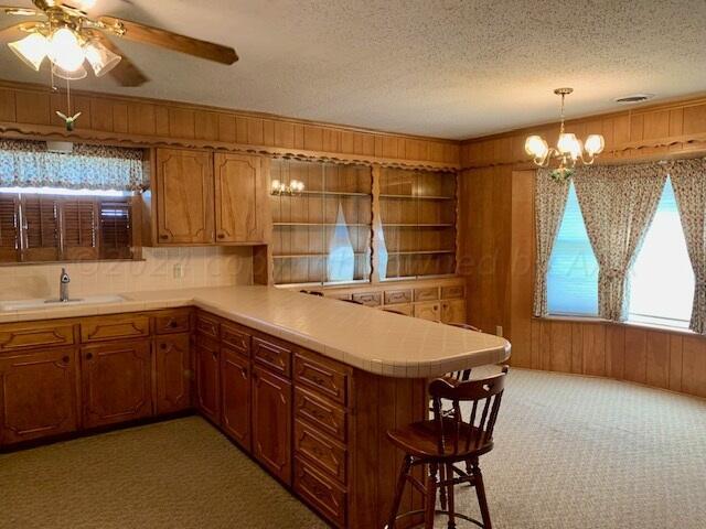 kitchen with kitchen peninsula, wood walls, and dark colored carpet