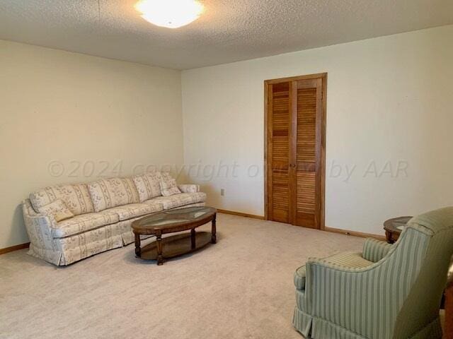 living room with a textured ceiling and carpet floors