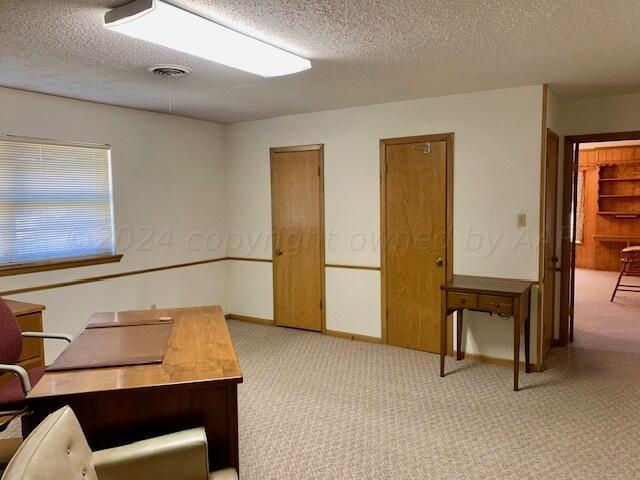 carpeted office with a textured ceiling