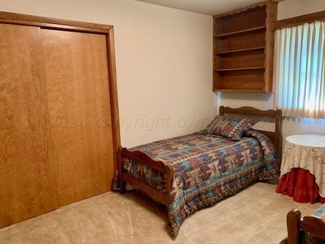 bedroom featuring light colored carpet and a closet