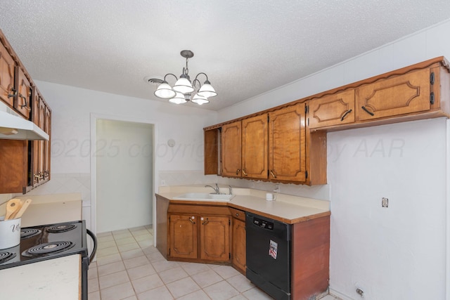 kitchen featuring black appliances, a sink, brown cabinetry, a chandelier, and a textured ceiling