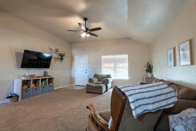 carpeted living room with baseboards, lofted ceiling, a textured ceiling, and ceiling fan